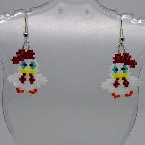Chicken Earrings, Beaded Chicken Earrings, Farm Bird Earrings,
